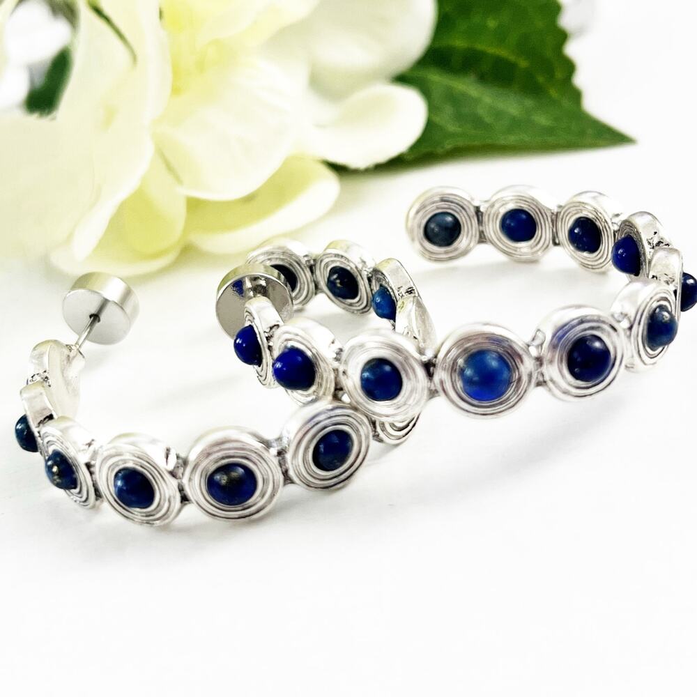 NEW Chico's No Droop Blue Lapis Lazuli Silver Hoop Earrings